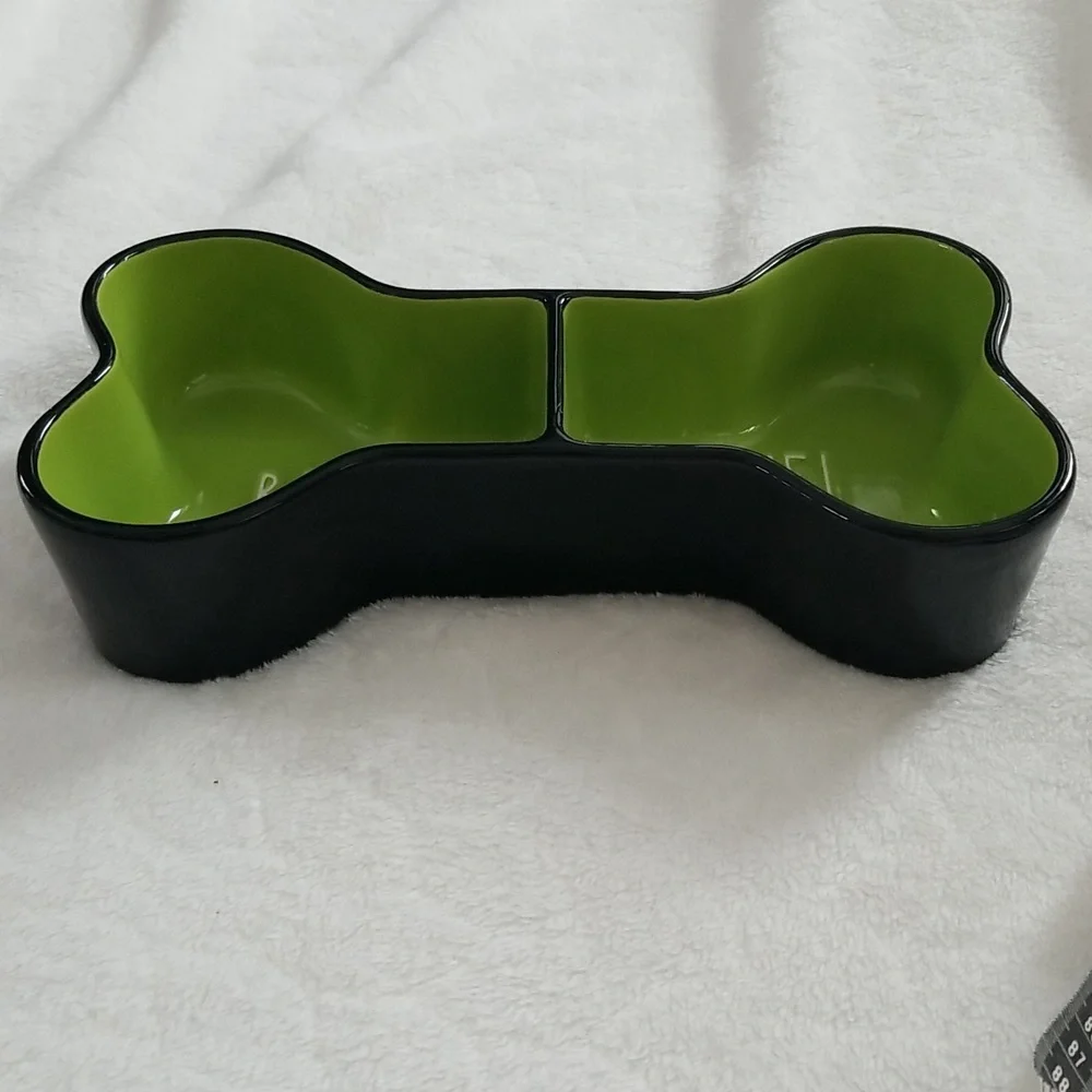 Rae Dunn Brew and Gruel Pet Bowl Bone shape green black
